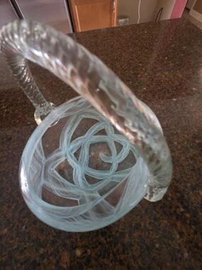 Handblown Glass Basket with Twisted Handle - Aqua